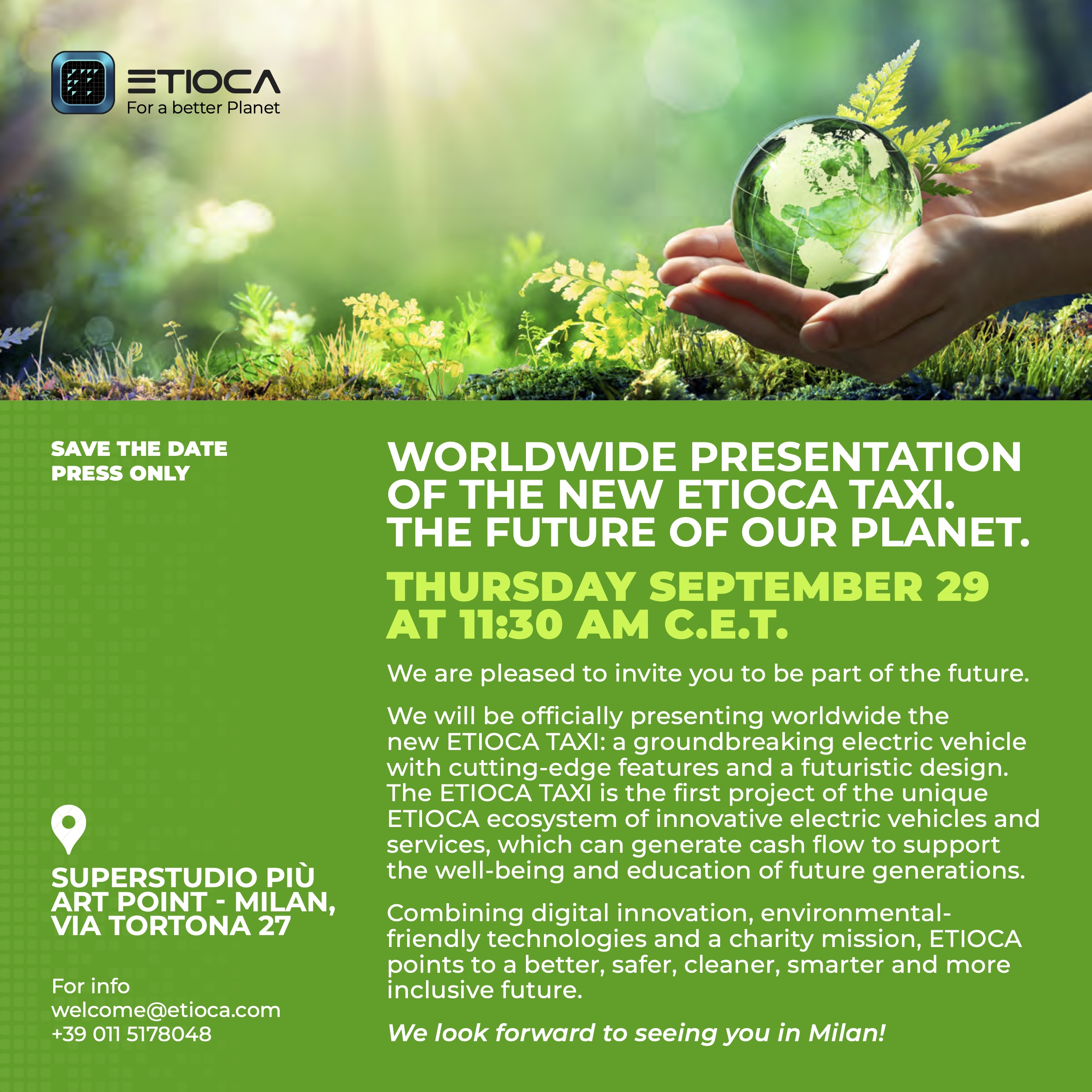 Su il sipario sull’ETIOCA TAXI: presentazione mondiale a Milano